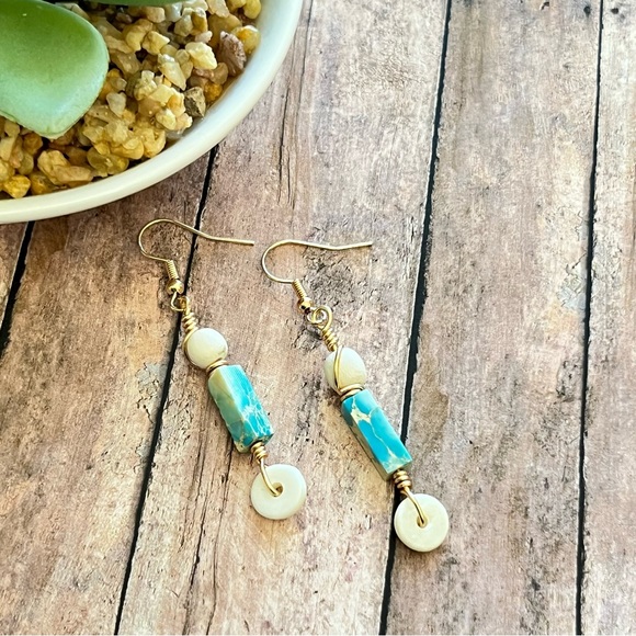 Aqua Imperial Jasper And Natural Wood Drop Earrings - Picture 2 of 8